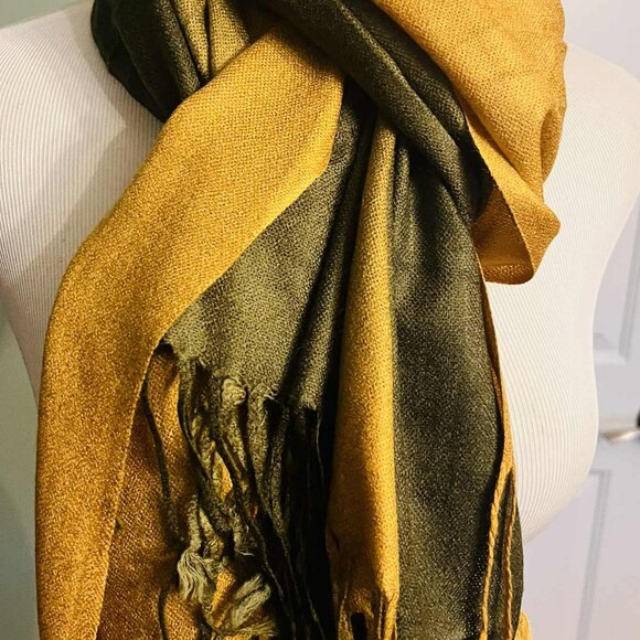 Silk & Pashmina Scarf – Golden Olive Elegance- NWT - Picture 12 of 14